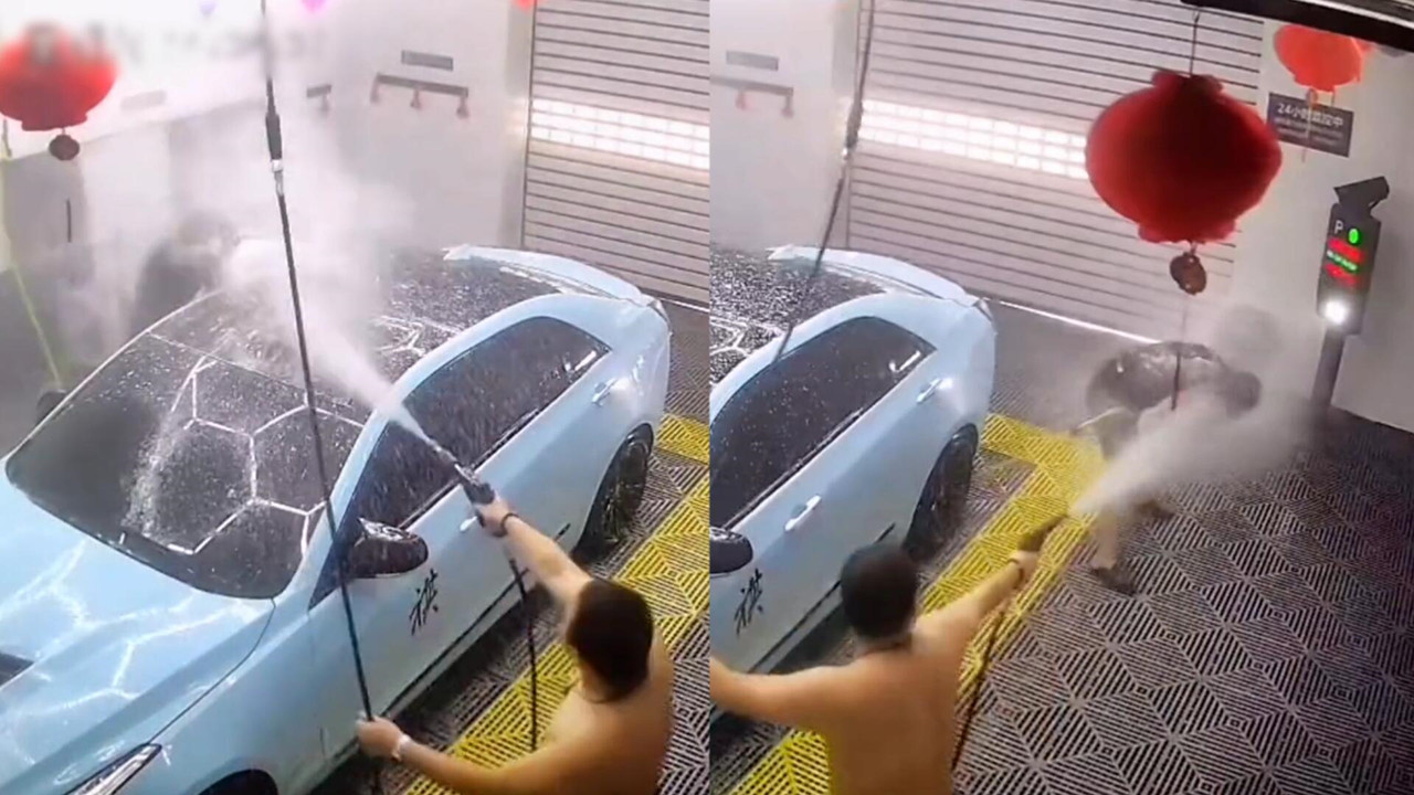 水槍大戰洗車場，兩男子“互呲”結局反轉逗樂全網